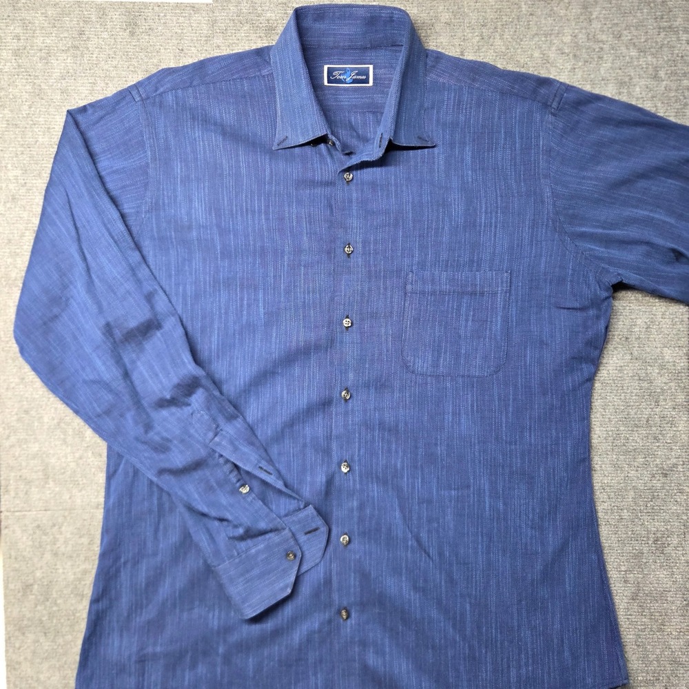 Tom James Custom Dress Shirt Mens XL Blue Textured Oxford Made USA Long Sleeve